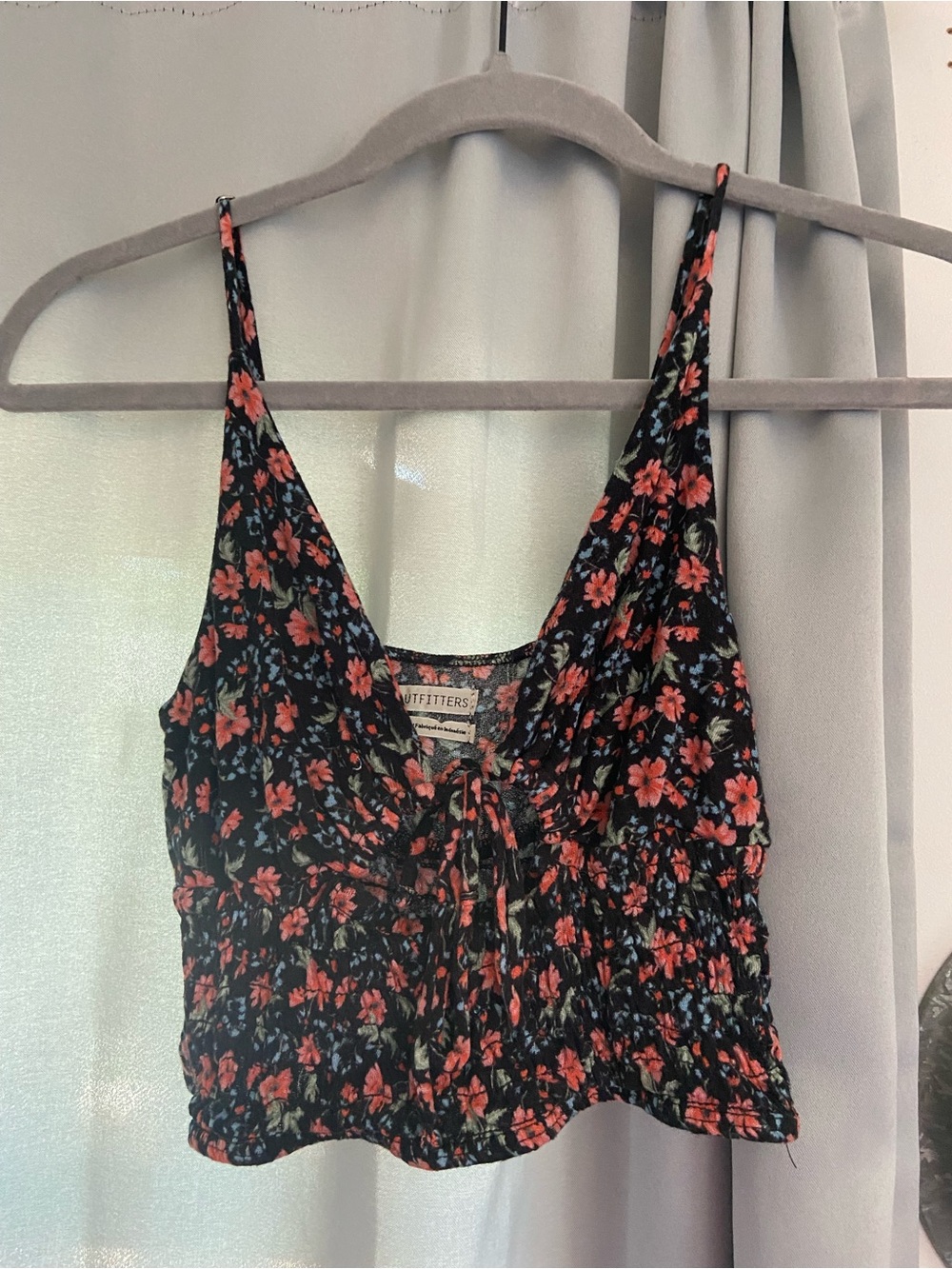 Urban Outfitters Black Floral Cropped Tank with Coral and Light Blue Print